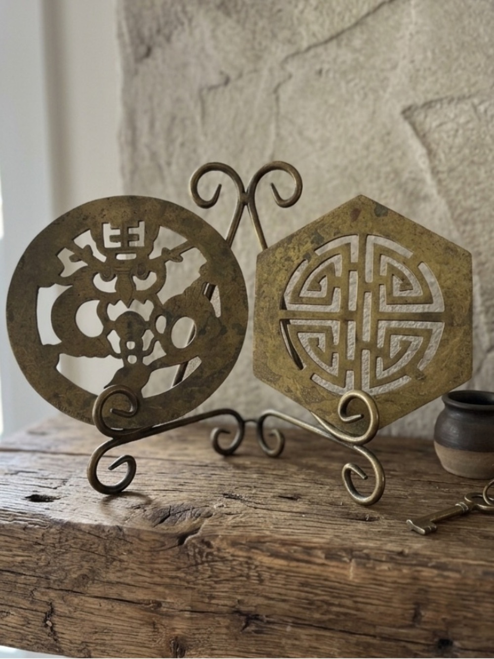 Vintage Etched Brass Asian Motif Trivet Set 
Used as display